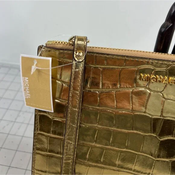 Michael Kors Gold Jet Set Travel XL Leather Clutch New NWT Wristlet w/Strap - Picture 2 of 7